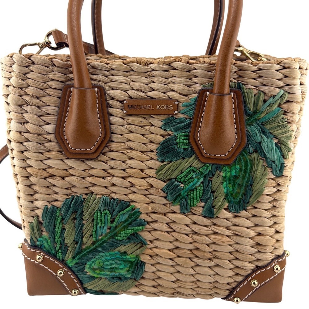 Michael Kors Straw Palm‎ Leaf Tote Small Tan Green Boho Tropical Summer